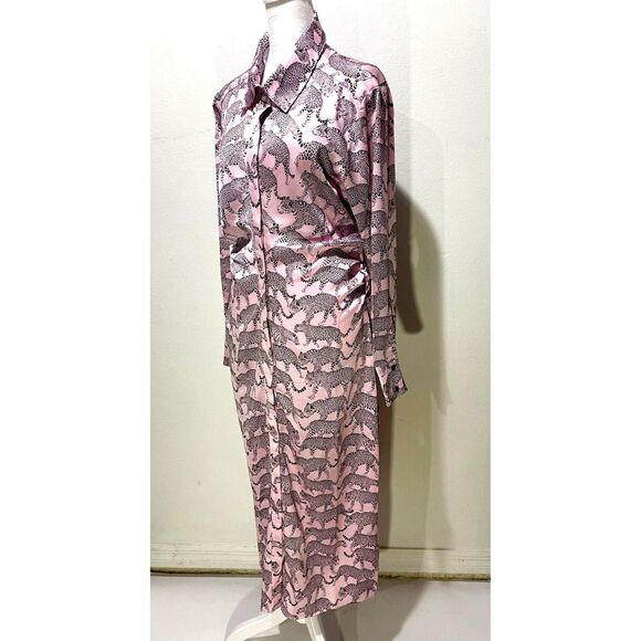 OTG morris maxi shirt dress leopard parade novelty print ruched pink women's  L - Picture 2 of 7